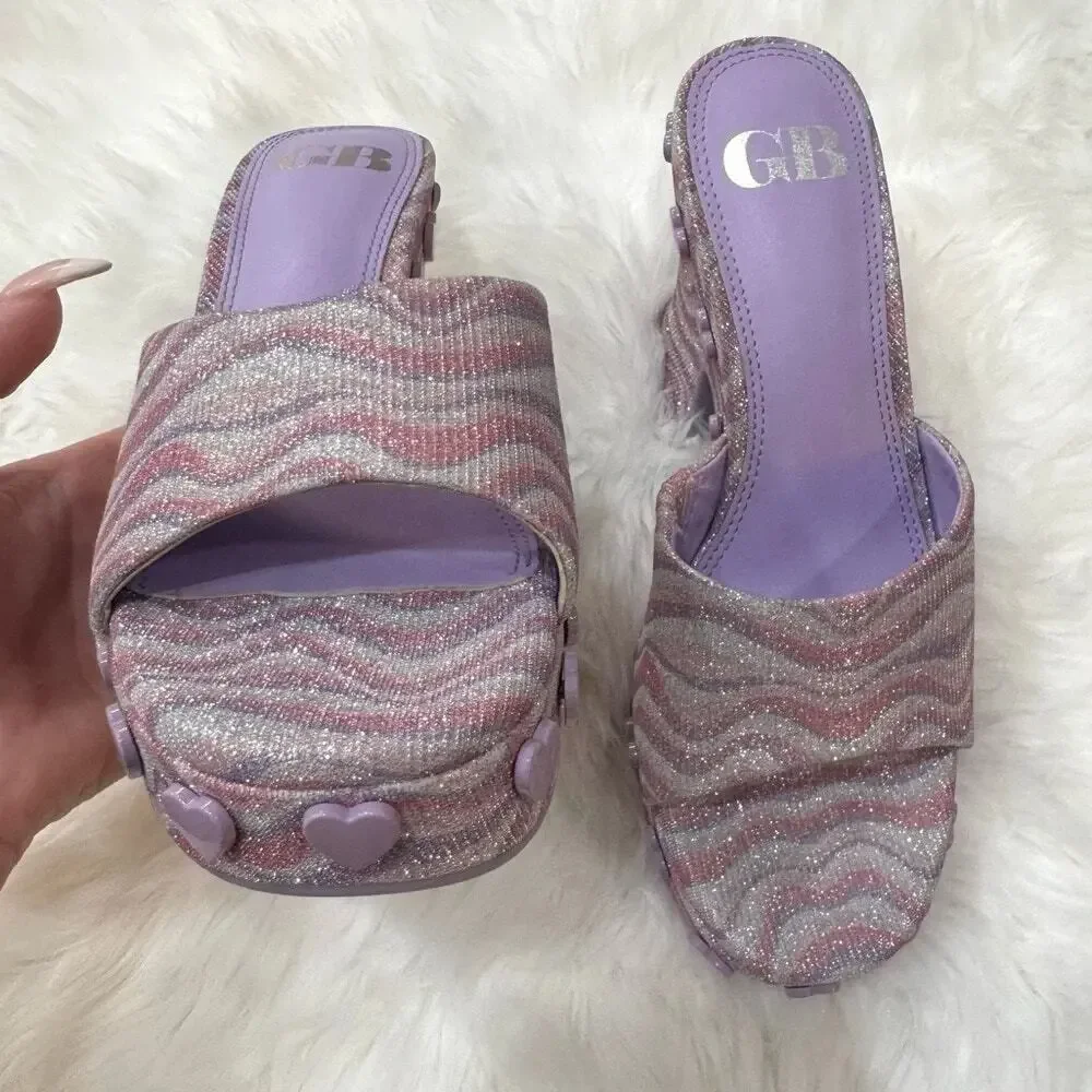 GB Heart-String Sparkle Swirl Heart Studded Platform Slide Sandals Sz 6